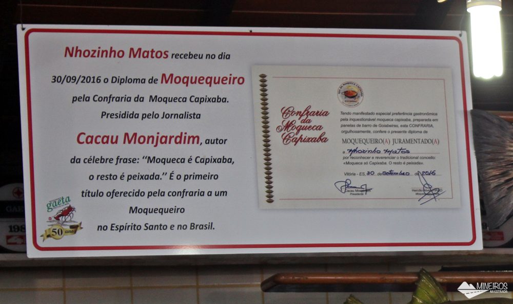 Título de moquequeiro conferido a Nhozinho MAtos, exposto no Restaurante Gaeta, em Meaípe, Guarapari.