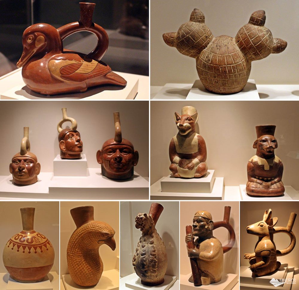 Objetos do povo Mochica, considerado o mais habilidoso na arte de esculpir cerâmica, dentre todos os povos precolombinos. Os trabalhos têm desenhos muito delicados e há muita representação de flora e fauna.